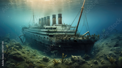 Photo Titanic Wreck submerged under the ocean.ai generative.