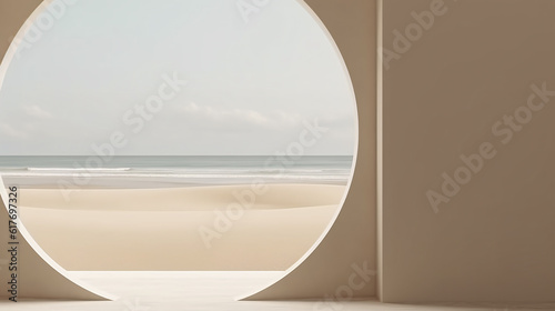 Beige abstract interior background with blank circle wall ocean sand beach empty showroom illustration. Generative Ai