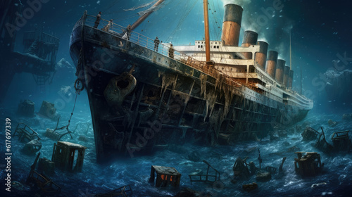 Obraz na plátne Titanic Wreck submerged under the ocean.ai generative.