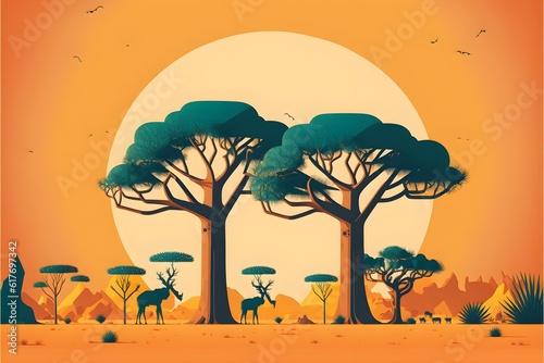 Fényképezés 2d flat vector solid background baobabs cartoon sunny day minimalist