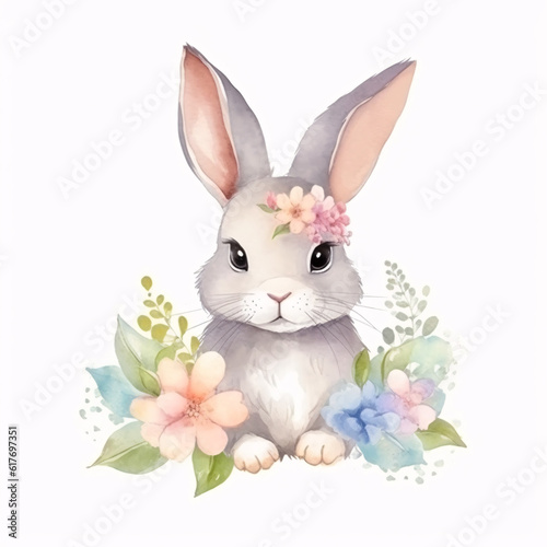 Cute baby rabbit portrait in blossom summer flowers watercolor paint artwork illustration. Generative Ai