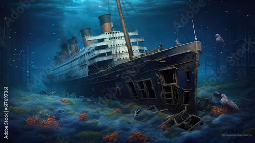 Foto Titanic Wreck submerged under the ocean.ai generative.
