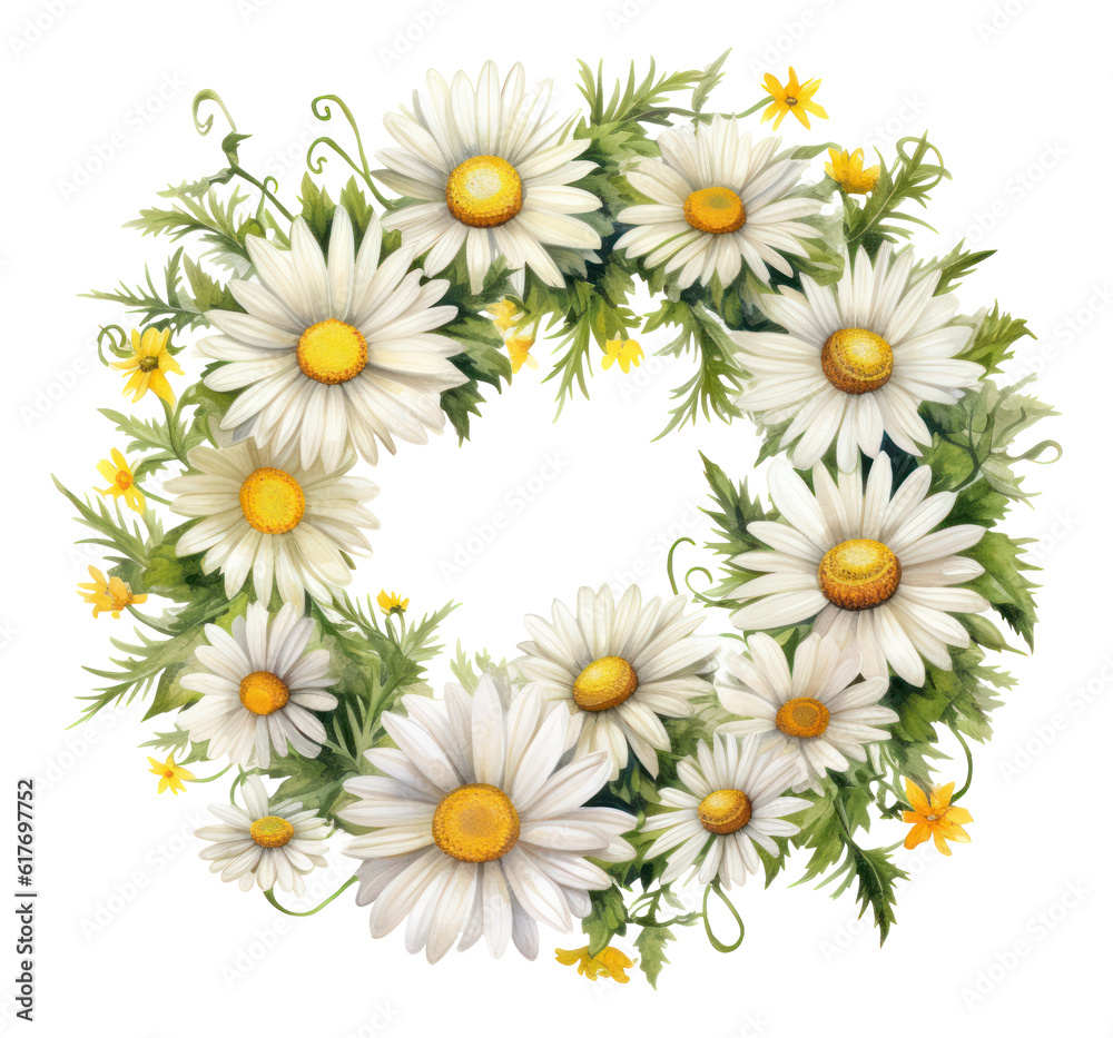 Watercolor daisy floral wreath isolated.