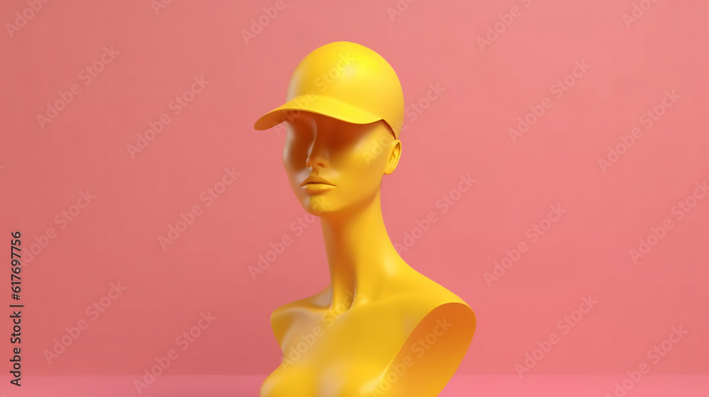 Yellow modern woman minimalist statue bust in cap isolated on pink