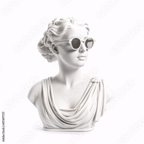 Antique woman goddess statue bust sunglasses isolated on white background contemporary art illustration. Generative Ai