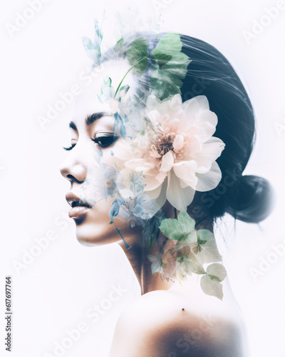 Beautiful woman portrait with flowers double exposure effect photography clean sharp focus illustration. Generative Ai © provectors