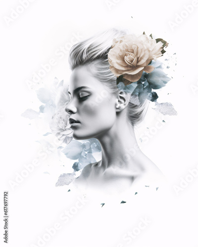 Gentle female portrait with blossom flowers double exposure effect photography on white background illustration. Generative Ai