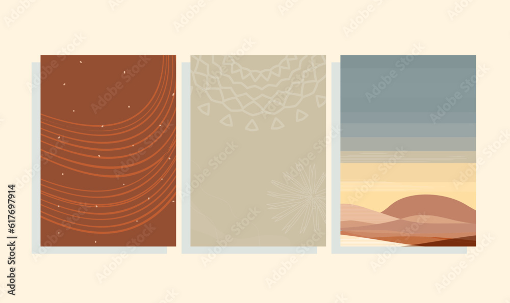 sunrise landscape with mountains mid-century modern vector illustration set