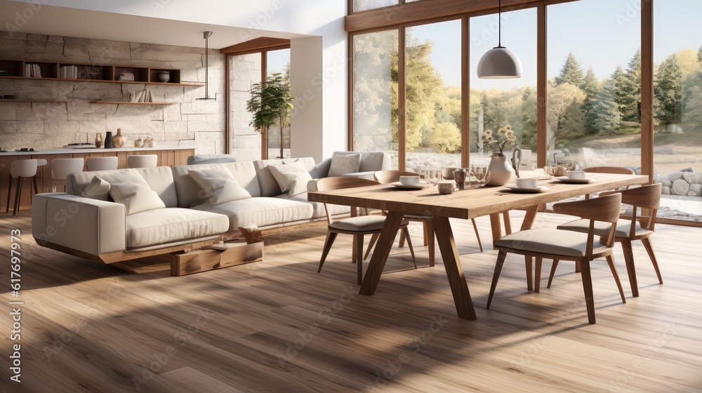 Fototapeta premium Interior design of modern scandinavian apartment, living room and dining room. Created with generative AI.