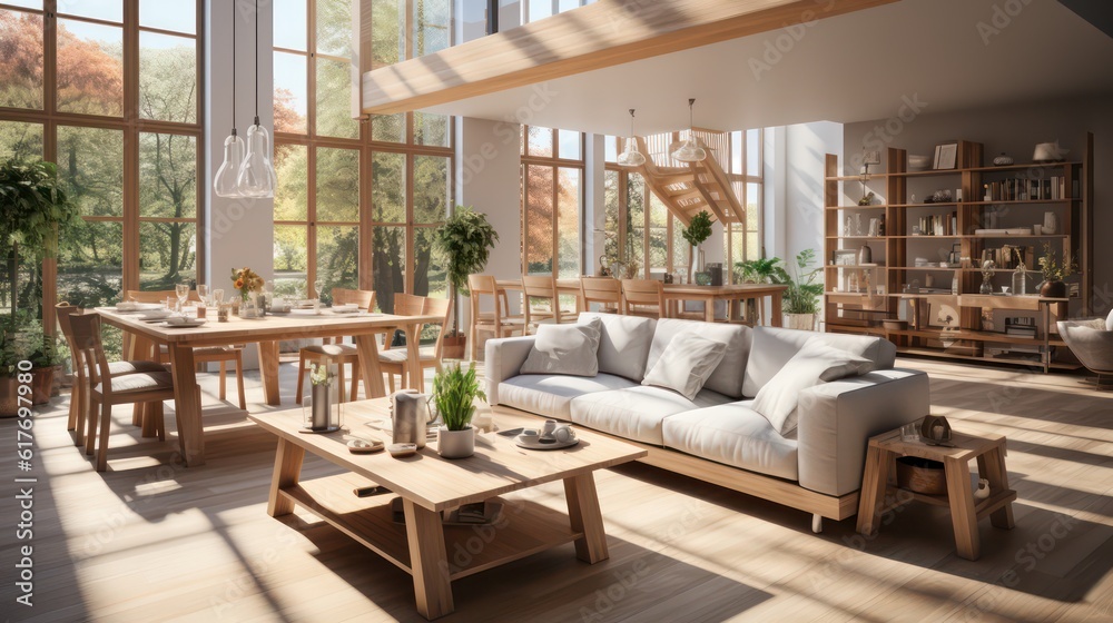 Interior design of modern scandinavian apartment, living room and dining room. Created with generative AI. Interior design of modern scandinavian apartment, living room and dining room. Created with generative AI.