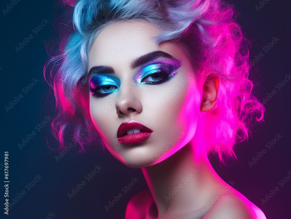 Woman high fashion model colorful bright neon lights trendy makeup posing at studio Y2K illustration. Generative Ai