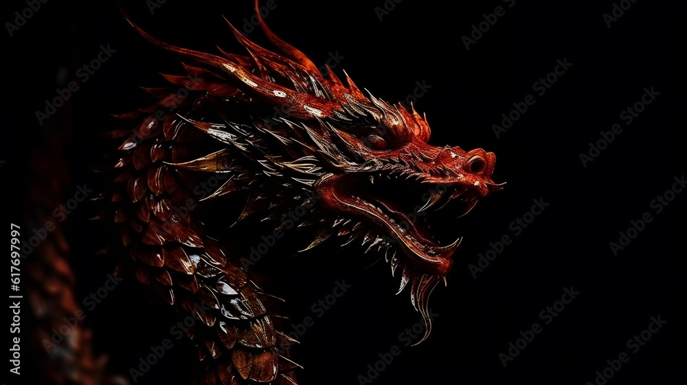 Head realistic Chinese dragon fantastic fear monster danger medieval reptile isolated on black illustration. Generative Ai