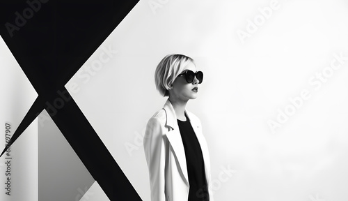 Realistic fashion woman at simple minimalistic geometric shape glass shadow trendy photo illustration. Generative Ai