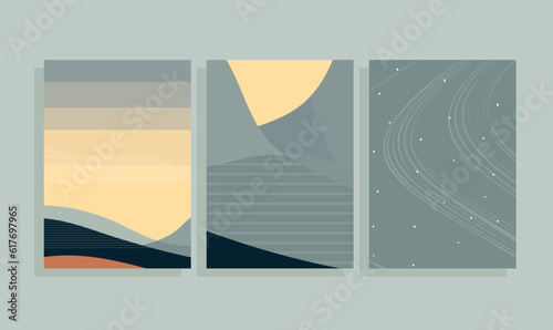 sunrise landscape with mountains mid-century modern vector illustration