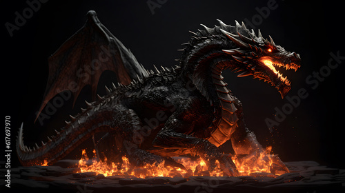 Realistic Chinese dragon in burning flame fantastic fear winged creature isolated on black background illustration. Generative Ai © provectors
