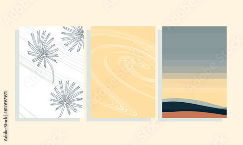 sunrise landscape with mountains mid-century modern vector illustration set
