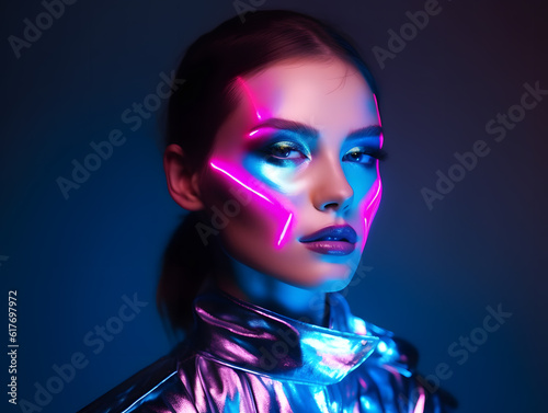 Woman high fashion model colorful bright neon lights trendy makeup posing at studio Y2K illustration. Generative Ai