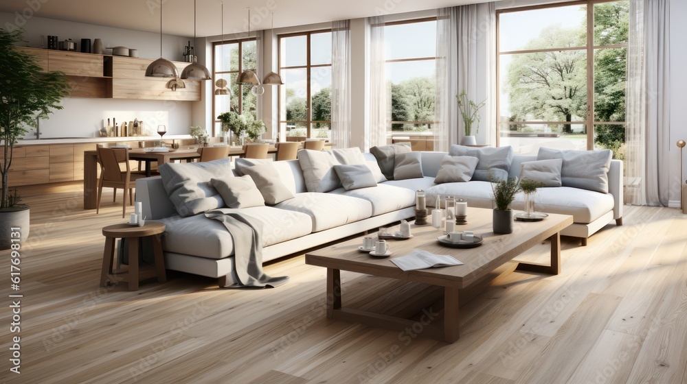 Fototapeta premium Interior design of modern scandinavian apartment, living room and dining room. Created with generative AI.