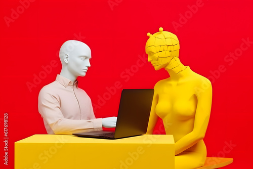 Man plaster head working laptop woman alien sculture cracked gypsum manequin abstract modern collage illustration. Generative Ai photo