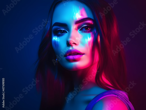 High fashion woman model portrait in colorful neon gradient bright lights glow makeup posing at studio illustration. Generative Ai