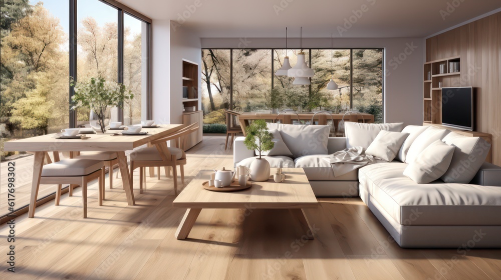 Fototapeta premium Interior design of modern scandinavian apartment, living room and dining room. Created with generative AI.