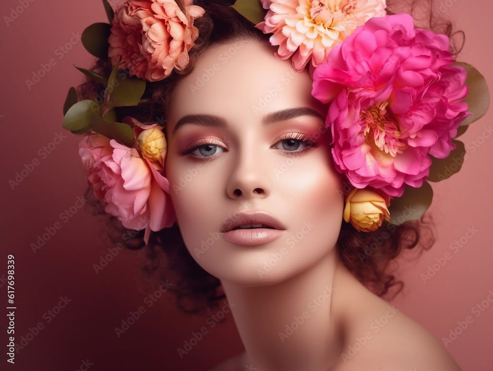 Romantic beauty woman face with fresh skin gentle makeup pink flowers wreath posing at studio illustration. Generative Ai