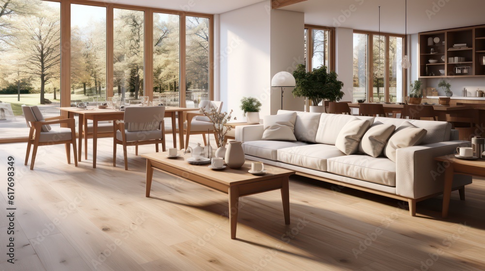 Interior design of modern scandinavian apartment, living room and dining room. Created with generative AI. Interior design of modern scandinavian apartment, living room and dining room. Created with generative AI.