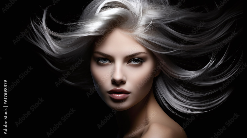 Hair style advertising with beauty blonde woman face waving hairstyle isolated on black background illustration. Generative Ai