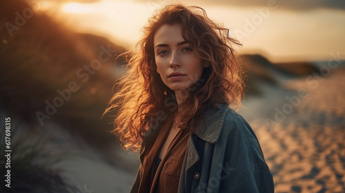 Beautiful fashion young woman walking at seashore in golden hour portrait photorealistic illustration. Generative Ai © provectors