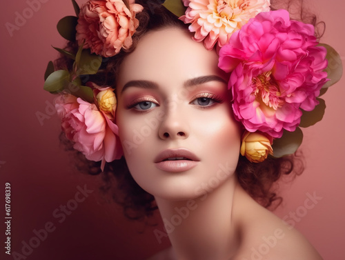 Romantic beauty woman face with fresh skin gentle makeup pink flowers wreath posing at studio illustration. Generative Ai © provectors