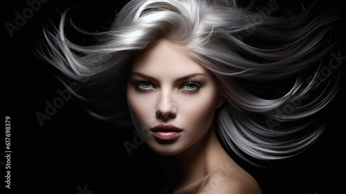 Hair style advertising with beauty blonde woman face waving hairstyle isolated on black background illustration. Generative Ai