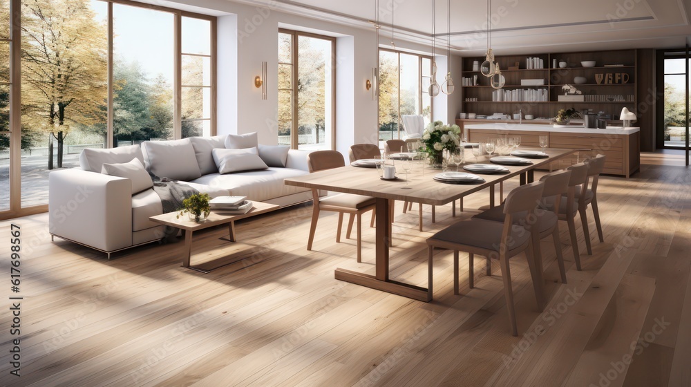 Interior design of modern scandinavian apartment, living room and dining room. Created with generative AI.