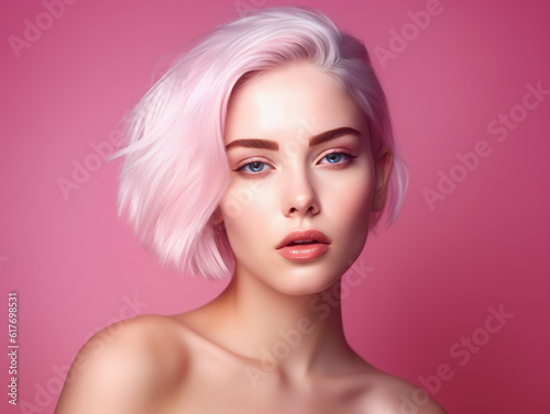 Portrait beautiful 22 years old young woman with pink blonde hair studio photography beauty marketing illustration. Generative Ai