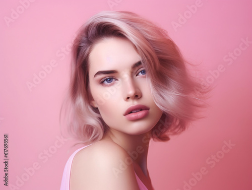 Beautiful young woman face perfect skin natural hair studio photography isolated on pink background illustration. Generative Ai