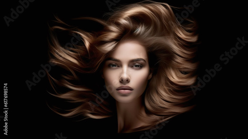 Hair style advertising romantic beautiful woman portrait waving natural beauty hairs isolated on black illustration. Generative Ai