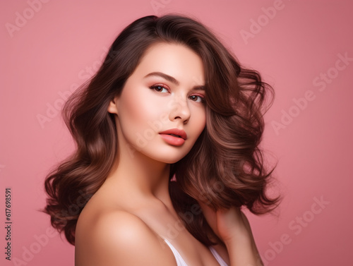 Gentle beautiful 22 years old woman curly brunette hair naked shoulders isolated on pink background illustration. Generative Ai