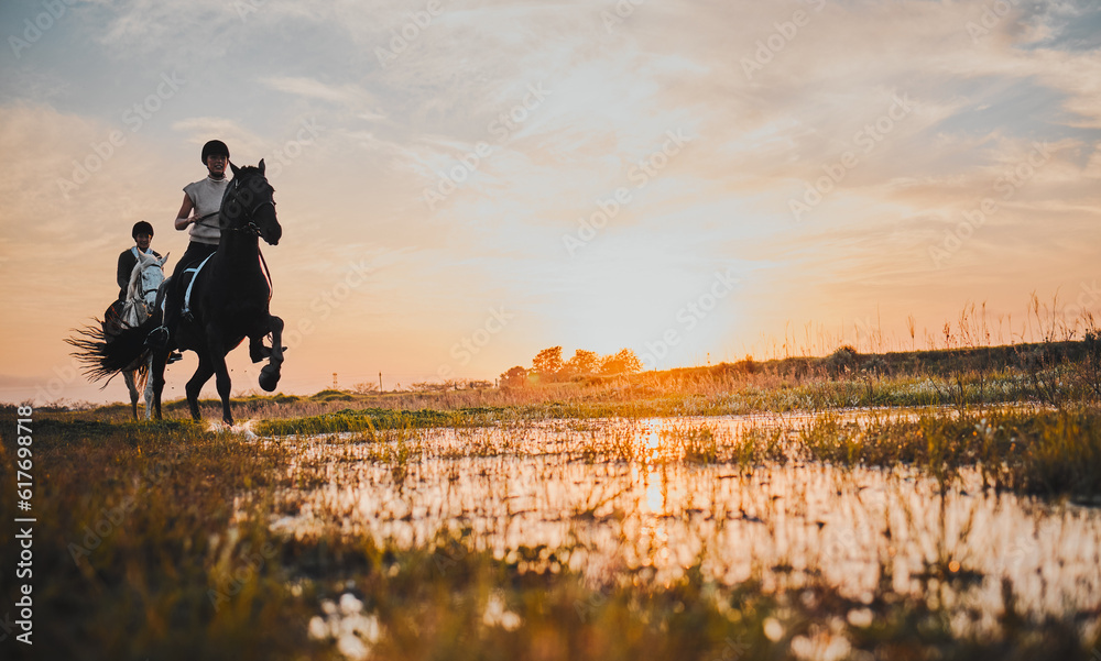 Horse riding, friends and women in countryside at sunset with outdoor ...