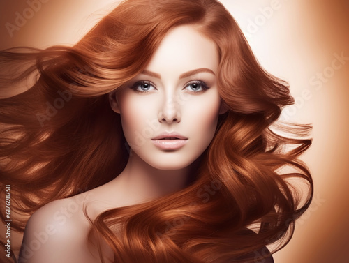 Beautiful redhead woman face long curly hair golden colors posing gradient light background illustration. Generative Ai