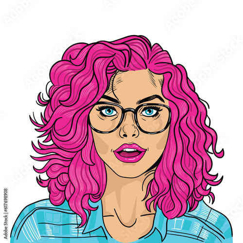 Beautiful woman with red hair. Pop art retro illustration. Comic book girl with glasses.