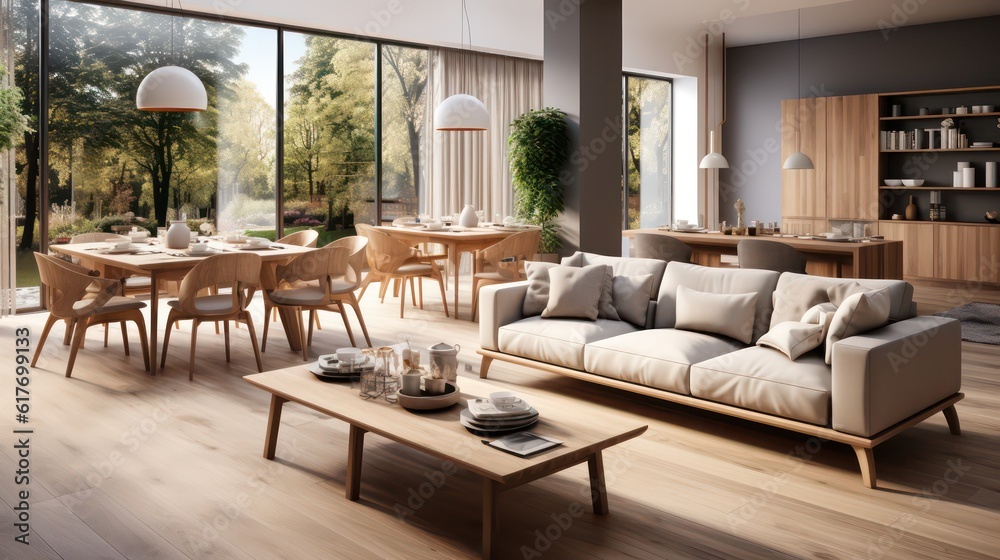 Fototapeta premium Interior design of modern scandinavian apartment, living room and dining room. Created with generative AI.