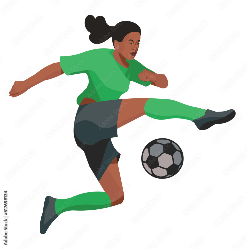 African women's football girl player in a green sports uniform jumps over the field before hitting the ball