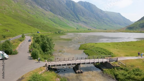 Aerial drone video of Loch Achtriochtan in Glencoe, Scotland photo