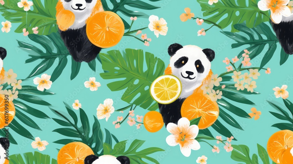 Hand drawn abstract cute fruits and flowers pattern. Collage playful contemporary print. Fashionable template for design.--ar 16:9