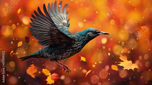 starling in flight with autumn leaves.  © Ilona