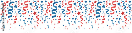 Seamless border garland with stars and confetti for USA independence day. Isolated vector and PNG on transparent background.