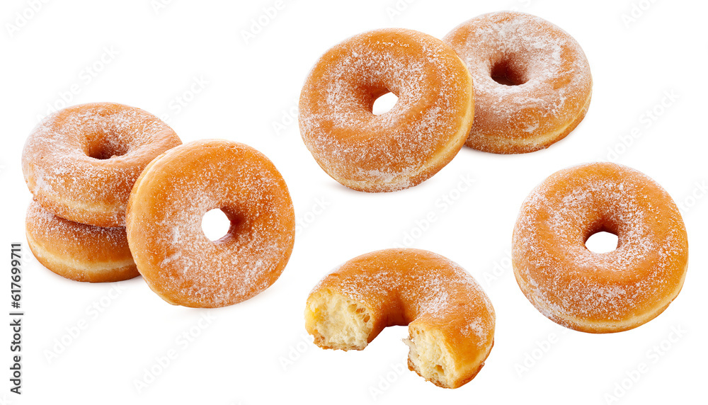 Classic sugary donuts isolated on white background - obrazy, fototapety, plakaty 
