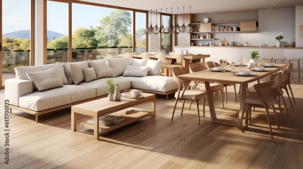 Interior design of modern scandinavian apartment, living room and dining room. Created with generative AI. Interior design of modern scandinavian apartment, living room and dining room. Created with generative AI.