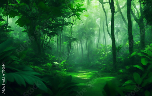 Green beautifull jungle background  Generative AI Illustration.