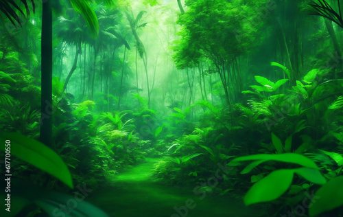 Green beautifull jungle background, Generative AI Illustration.