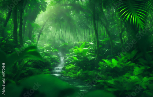 Green beautifull jungle background, Generative AI Illustration.